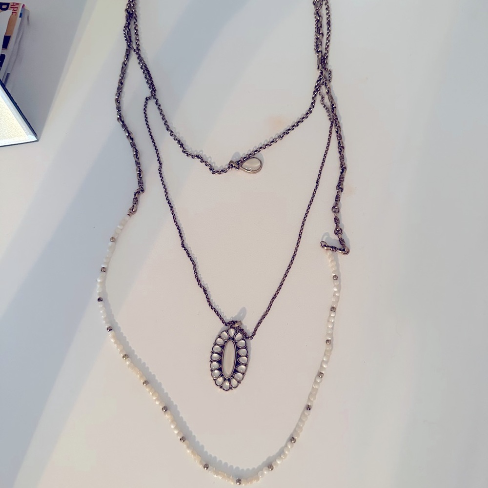 Lucky brand long layered gold and opal necklace.